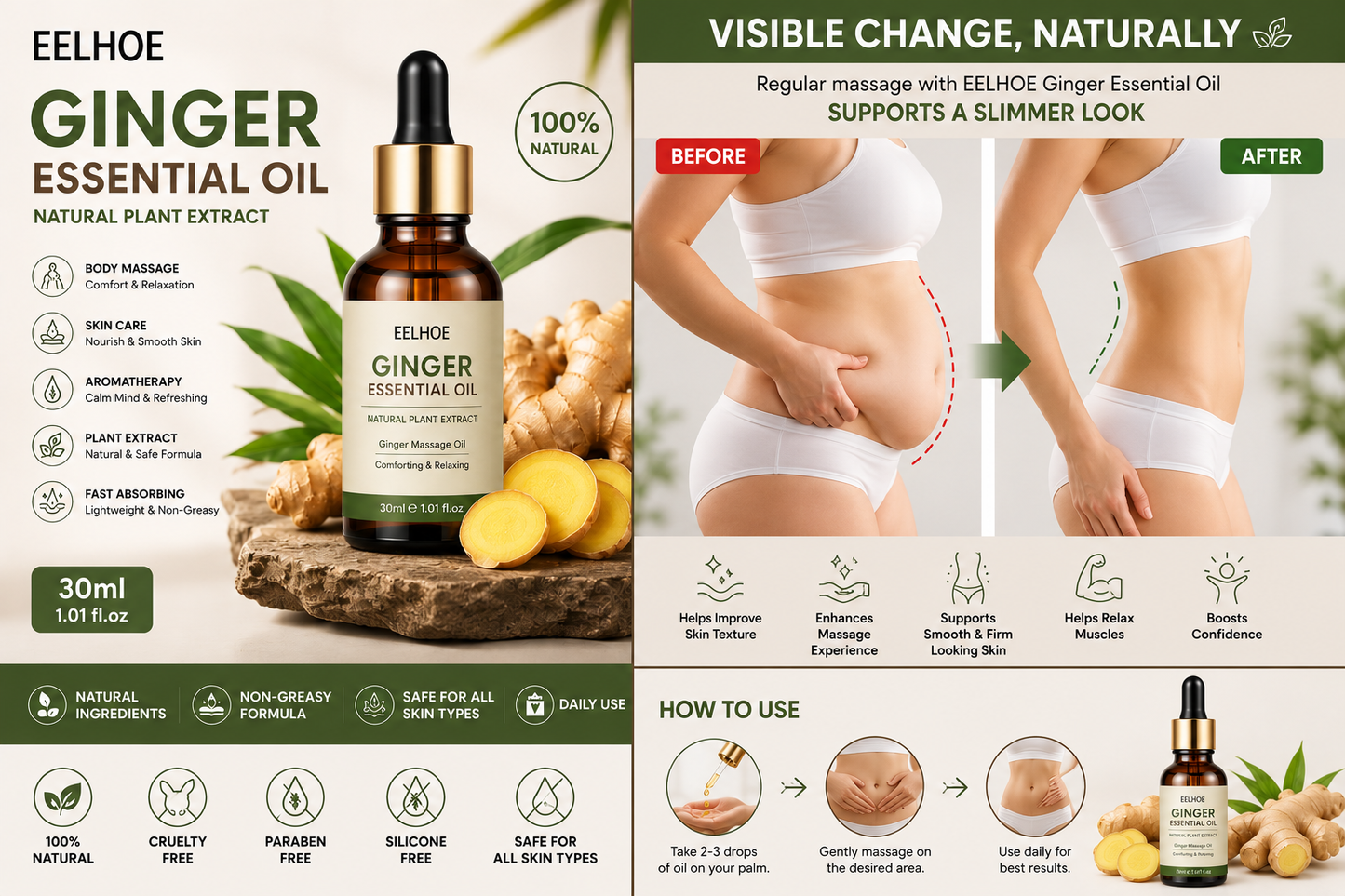 EELHOE Ginger Slimming Massage Oil |Body Oil for Belly, Waist & Thigh Massage | 30ml