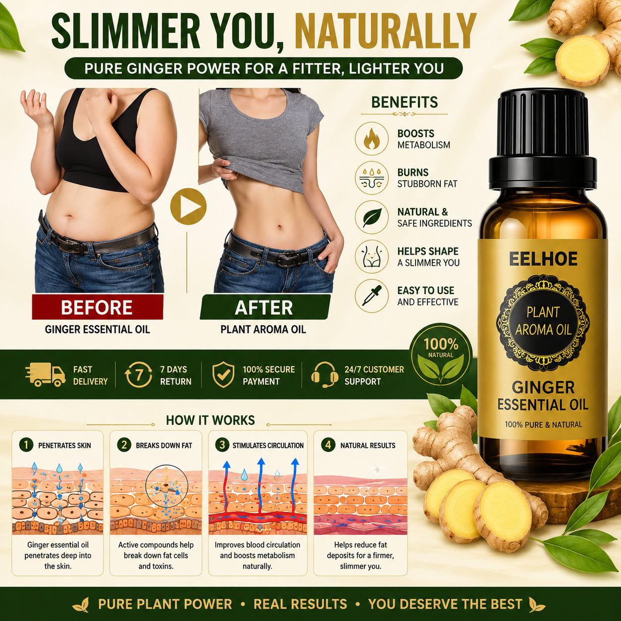 EELHOE Ginger Slimming Massage Oil |Body Oil for Belly, Waist & Thigh Massage | 30ml
